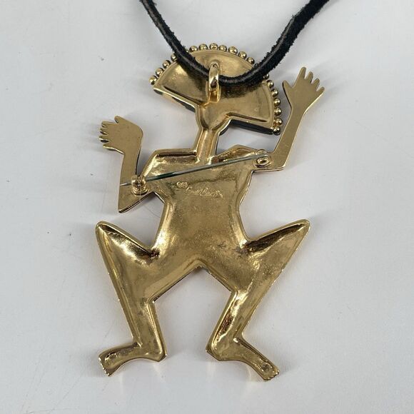Tribal Cat Necklace | Gold/Black | Laurel Burch Studios Laurel Burch Large Figural Pendant Brooch Necklace 3.25” Gold Black Cord